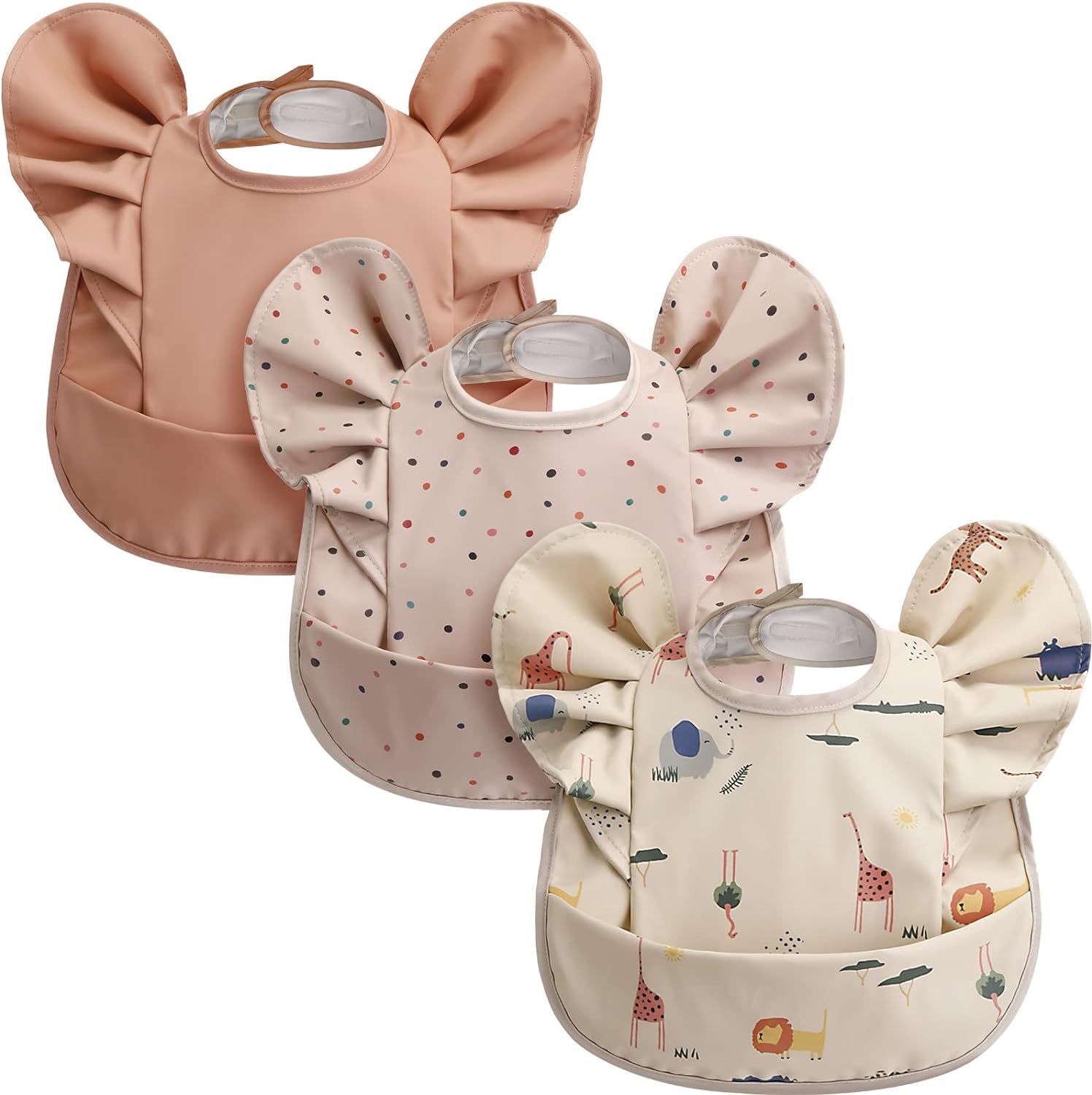 Ramede 3 Pcs Waterproof Baby Bib Washable Toddler Bibs Soft Feeding Bibs with Food Catcher for Baby Boy or Girl Eating Travel Home Supplies, Lovely - Image 1